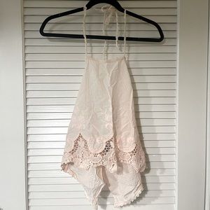 Tobi Crocheted Pink Halter Top with Open Back
